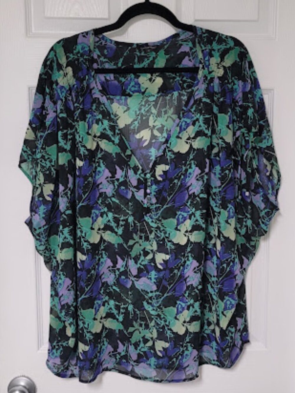 Size 2X Semi‑Sheer Floral Leaf Top Blouse Green/purple-Layering, Cover, Lingerie